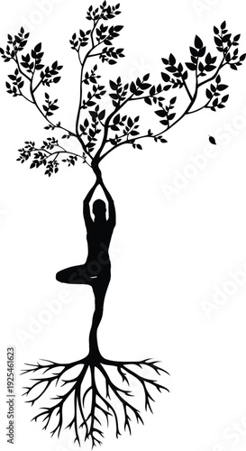 Yoga Tree Pose Human Figure as Growing Tree Meditation Vector Illustration