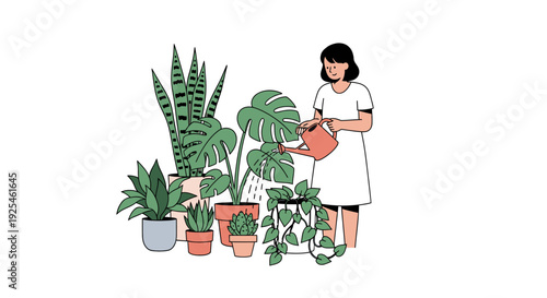 Woman waters indoor plants in a graphic style illustration with white background
