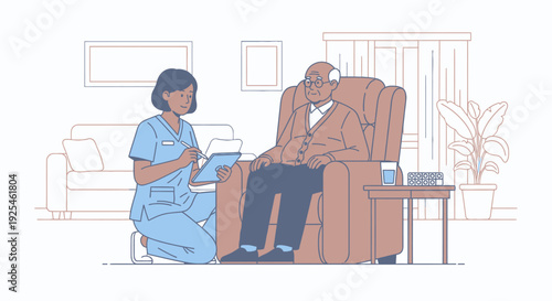 Caregiver assisting senior with healthcare information in cozy home setting