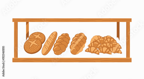 Freshly baked bread and pastries displayed on wooden shelves isolated