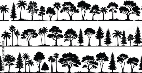 Black forest tree silhouettes borders collection, palm, pine and deciduous trees, nature landscape horizon design elements isolated on white background