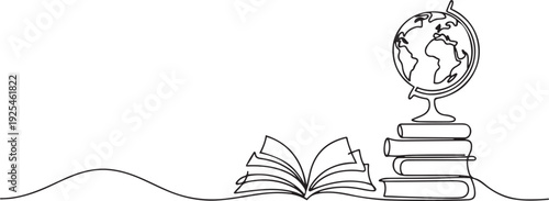 Continuous line design of books and the world. Single line decorative element drawn. one line Icon drawing