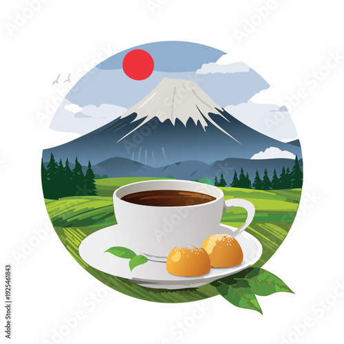 Coffee cup on a saucer with mountain scenery