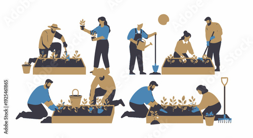 People gardening together planting and caring for plants vector illustration