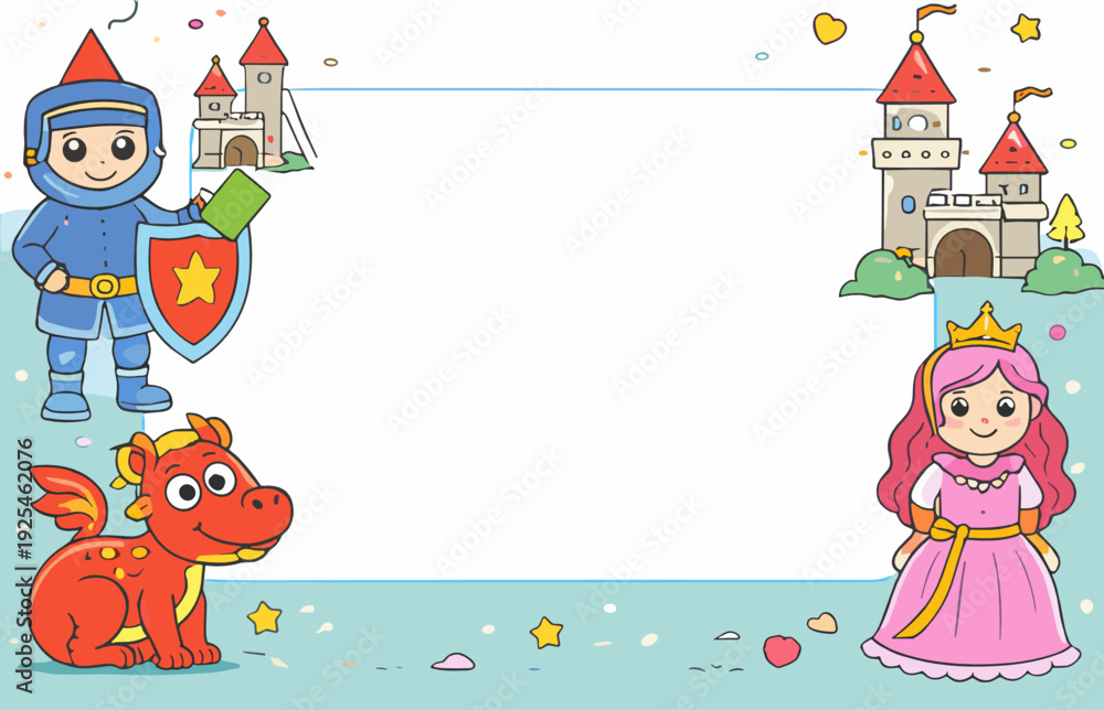 Fototapeta premium Fairy tale frame with brave knight holding shield and storybook, red dragon and cute princess near castles. Flat medieval fantasy vector border on white, rounded frame. Blank center.