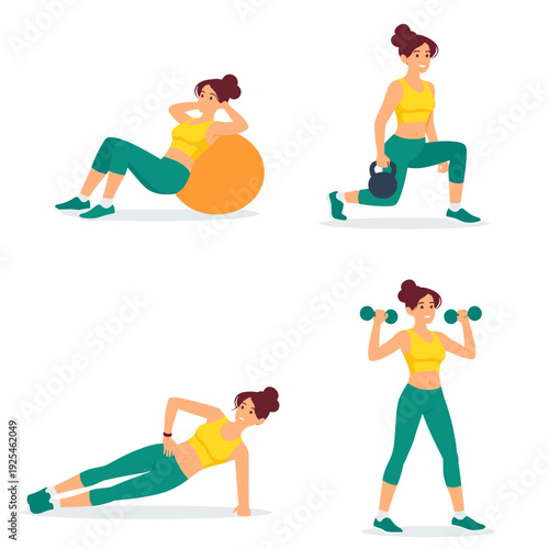 Set of four flat vector illustrations of a sporty woman doing gym exercises: sit-up on stability ball, kettlebell lunge, side plank, and dumbbell press. Wellness concept.