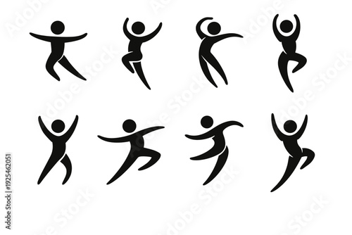 Clean black vector silhouettes of eight dancing and jumping people, isolated as a simple icon collection. Concept of happiness, motivation, celebration, fitness and motion.