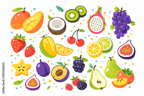 Colorful tropical and berry fruit set with slices and whole pieces: mango, orange, kiwi, coconut, dragonfruit, grapes, pear, fig and berries with confetti dots on white background.