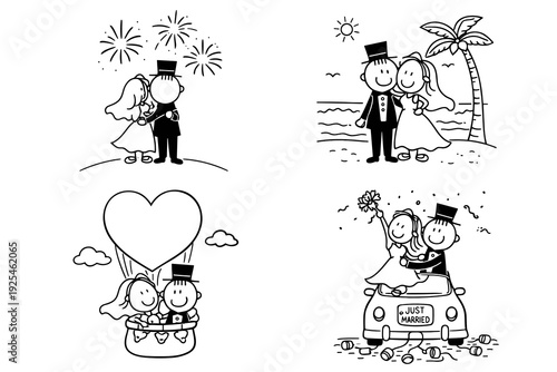 Monochrome wedding doodles of bride and groom with fireworks, tropical beach palm, heart balloon ride, and just married car. Great for romance invitations, cards, and stickers.