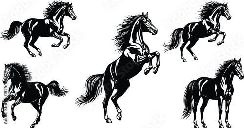 Black horse silhouettes collection, running and rearing horses poses, wild stallion power, equestrian animal illustration isolated on white background