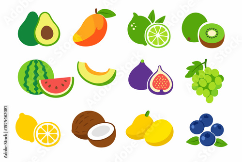 Flat fruit icon set featuring avocado, mango, lime, kiwi, watermelon, melon, fig, grapes, lemon, coconut, pears and blueberries. Bright healthy vector food for menus and packaging.