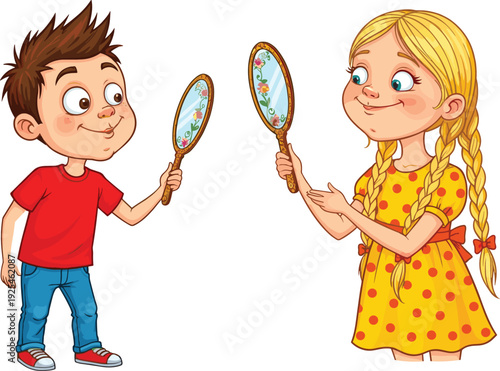 Cartoon children with mirrors, kids reflection illustration, playful interaction, childhood imagination, perception concept, social learning, fun activity, art