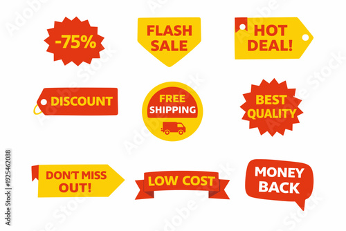 Red and yellow sale badge set with discount tags, flash sale, hot deal, free shipping, best quality, low cost and money back labels for ecommerce marketing and promo banners. Retail concept.