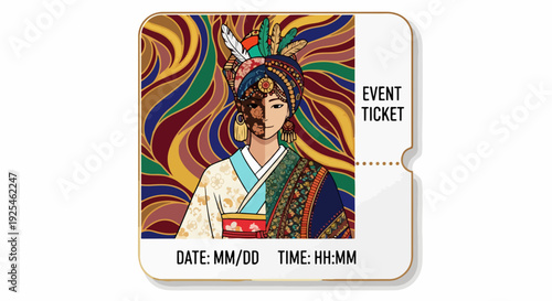 Vibrant event ticket with anime character in traditional japanese attire on colorful swirling background