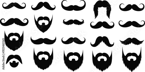 Beard and mustache silhouette set, male facial hair vector icons, barber shop grooming style elements, hipster masculine gentleman fashion, black whit