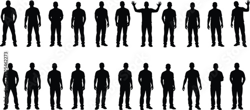 Black male standing silhouette icon set, men body poses collection, human figures for people design, vector illustration isolated on white background
