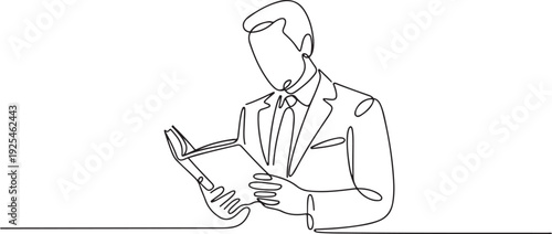 Simple continuous line design of a man holding a book. Businessman reading data. The doctor opens a book. one line Icon drawing