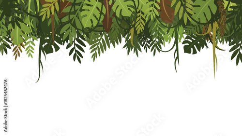 Overhanging tropical green plant leaves at the top.