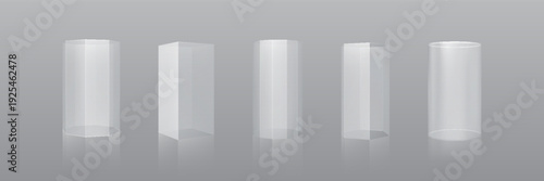 3d glass transparent stand podiums different shapes vector set, exhibition display boxes, pedestal platform showcase