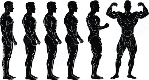 Black muscular male body silhouette set, fitness anatomy poses, bodybuilding strength progression illustration, athletic vector isolated on white background