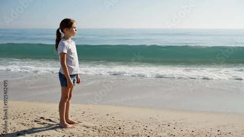 Young Girl Standing on Sandy Beach Looking Out at the Ocean Waves