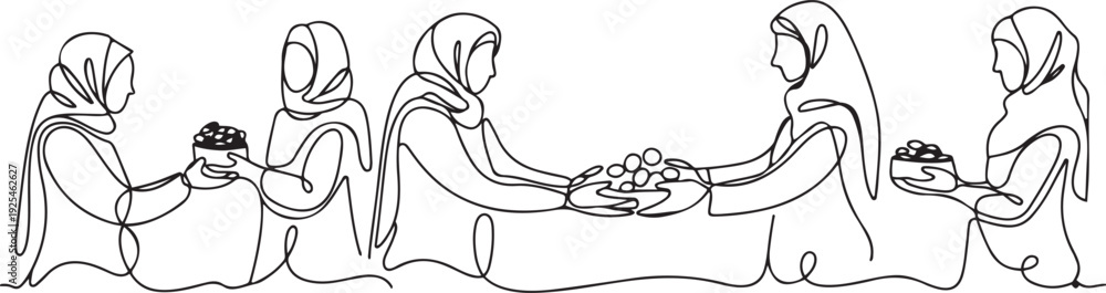 Obraz premium One continuous line of Muslim women give alms for Islamic celebration promotion model. one line Icon drawing