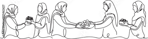 One continuous line of Muslim women give alms  for Islamic celebration promotion model. one line Icon drawing