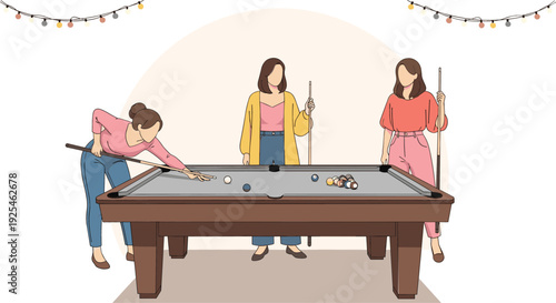Flat vector illustration of three young women playing a game of pool in a modern recreational lounge setting