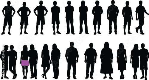 Black people silhouette icon set, men and women standing poses, casual human figures collection, vector illustration isolated on white background