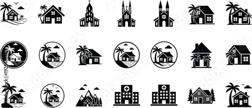 Black real estate icon set, houses churches hospitals cabins, tropical and rural buildings, minimal silhouette collection, isolated on white background