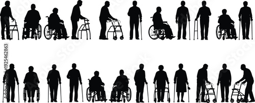Elderly People Silhouette Set with Mobility Aids Including Wheelchairs Walkers and Canes for Senior Care Healthcare and Accessibility Design Projects