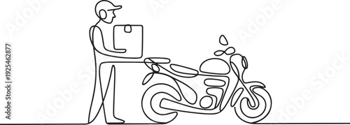 Delivery courier service one continuous line design. A man holding package next to motorbike. one line Icon drawing