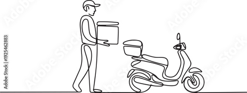 Delivery courier service one continuous line design. A man holding package next to motorbike. one line Icon drawing