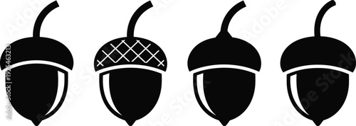 Acorn silhouette icon set vector illustration, black nut symbols, autumn forest elements, minimal design collection isolated on white background