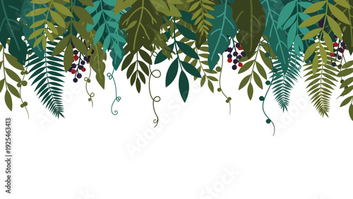 Hanging fern leaves and purple berry clusters.