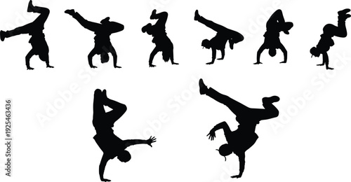 Breakdancer silhouette collection, street dance urban hip hop performer vector, athletic b-boy handstand poses, acrobatics dance battle, black white, isolated