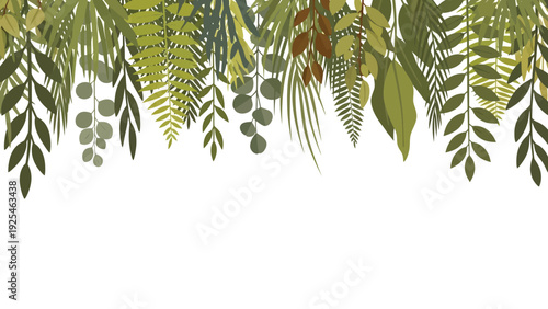 Hanging Ferns and Leaves Form Lush Green Border.