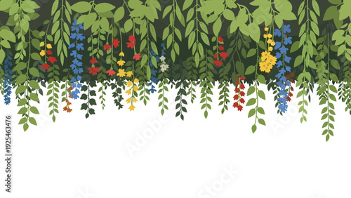 Hanging flowering vines with purple blue and yellow blossoms.