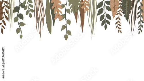 Hanging foliage border of green and brown leaves.