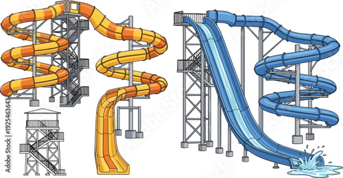 Colorful water park slide set featuring spiral tubes and steep drop slides with metal support structures vector illustration