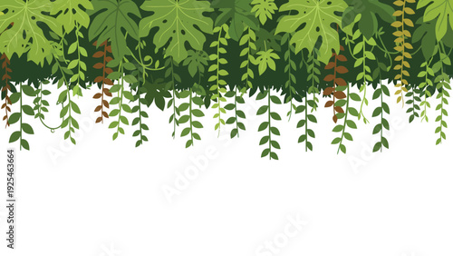 Hanging green vines and fern leaves.