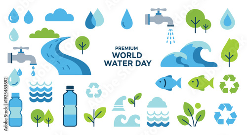 World water day flat icons set with environment theme elements