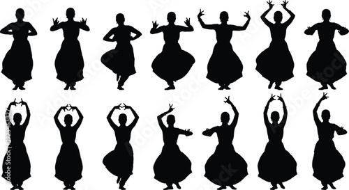 Classical Indian dancer silhouettes vector illustration set featuring graceful female poses, traditional cultural dance movements, black isolated figures on white background