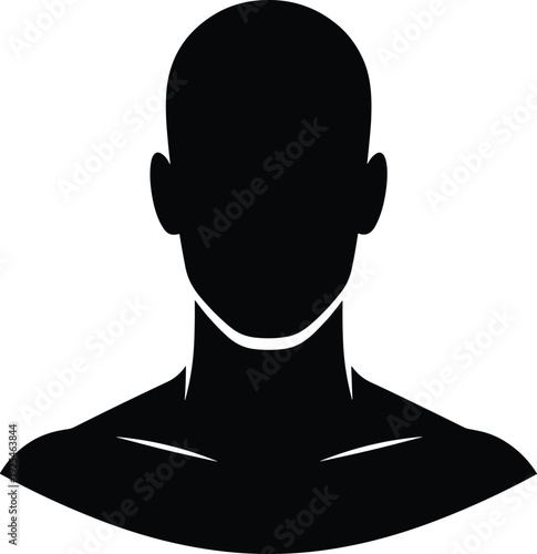 Minimalist black male silhouette avatar, clean shaven head profile icon, modern simple shoulders graphic, professional corporate user placeholder, white background vector.