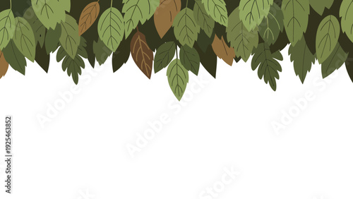 Lush green leaves cascading from the top edge.