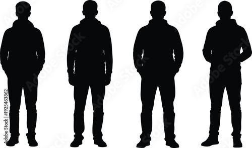 Minimalist Black and White Silhouettes of Four Diverse People Standing Side by Side in Full Body Profile for Teamwork Concept