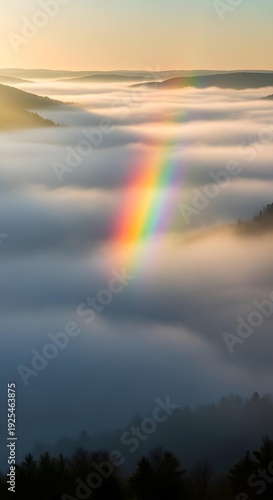 Vibrant Double Rainbow Over Misty Mountain Valley at Sunrise