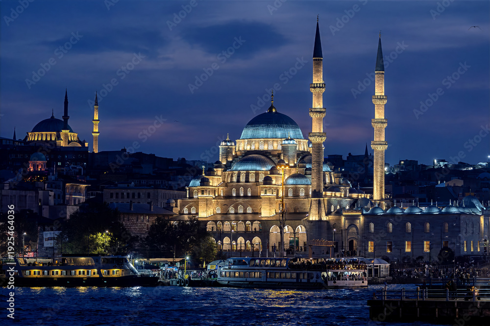 custom made wallpaper toronto digitalThe New Mosque (Valide Sultan Mosque), beautifully illuminated against the Istanbul night sky, attracts the attention of visitors enjoying the picturesque view of the waterfront.
