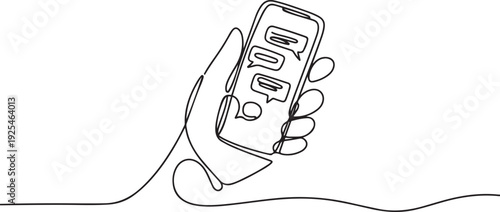 One continuous line design of hand holds the smartphone with messenger application. one line Icon drawing