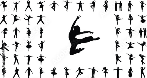 Dance silhouette vector collection featuring dynamic dancers in energetic poses, jumping movement figures, expressive human shapes isolated on white background for design projects